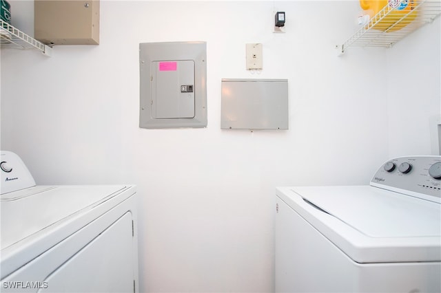 laundry area with electric panel and washer and clothes dryer