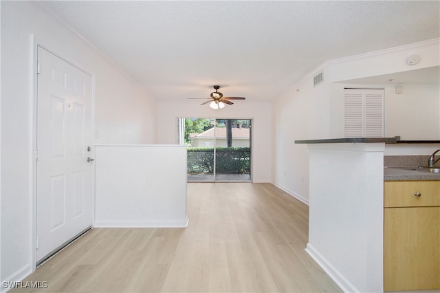 interior space with a textured ceiling, crown molding, ceiling fan, and light hardwood / wood-style flooring