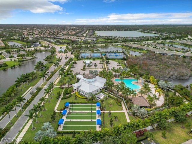 aerial view featuring a water view