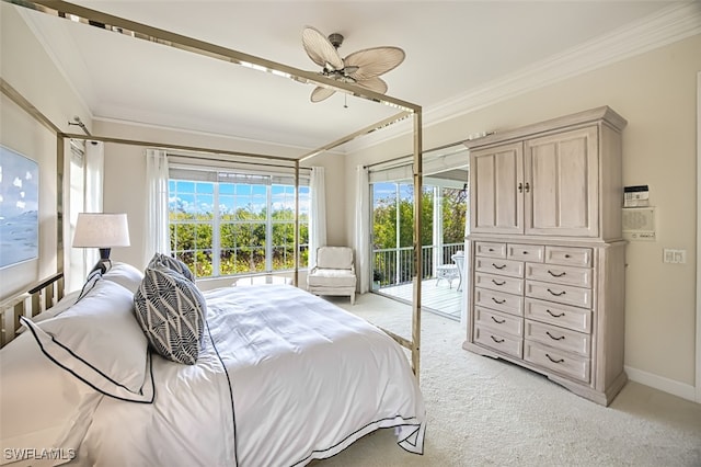 carpeted bedroom with ceiling fan, crown molding, access to exterior, and multiple windows