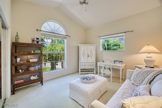 living room with light carpet and lofted ceiling