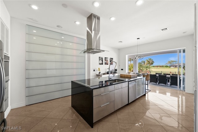 kitchen with island exhaust hood, pendant lighting, dishwasher, and light tile patterned flooring