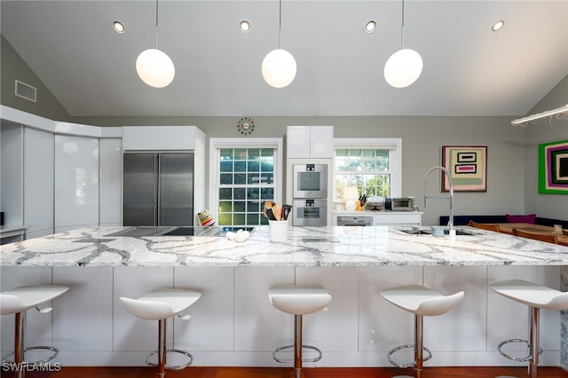 kitchen with sink, stainless steel appliances, lofted ceiling, and decorative light fixtures