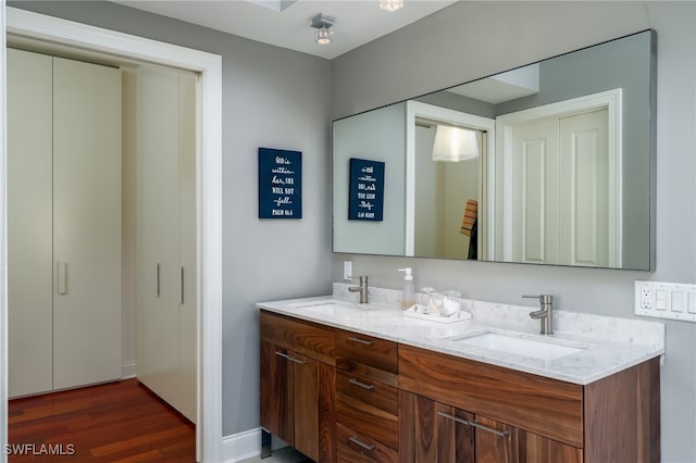 bathroom with vanity and wood-type flooring