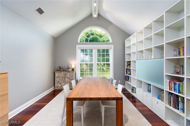 office area with lofted ceiling with beams and dark hardwood / wood-style flooring