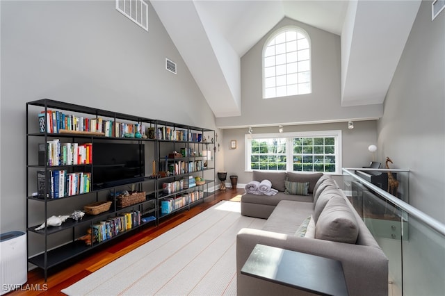 living room featuring high vaulted ceiling and wood-type flooring