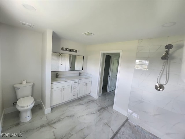 bathroom with vanity, toilet, and a shower