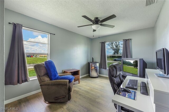 office with wood-type flooring, ceiling fan, and a textured ceiling