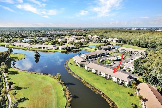 birds eye view of property featuring a water view