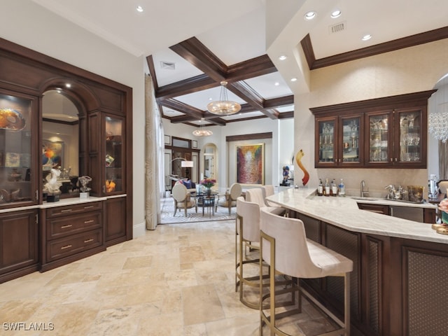 bar with beam ceiling, sink, crown molding, light stone counters, and coffered ceiling