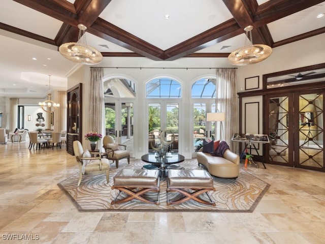 15183 Brolio Way, Naples, FL 34110 - living room featuring french doors, healthy amount of natural light, ornamental molding, coffered ceiling, and stone tile flooring