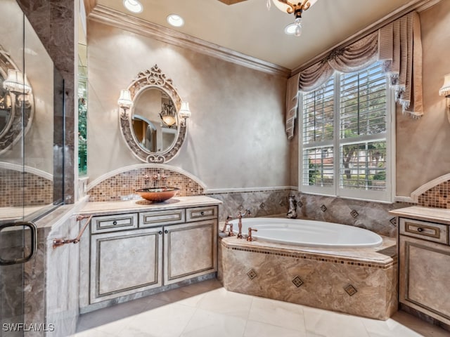 bathroom with vanity, crown molding, plus walk in shower, and tile patterned floors