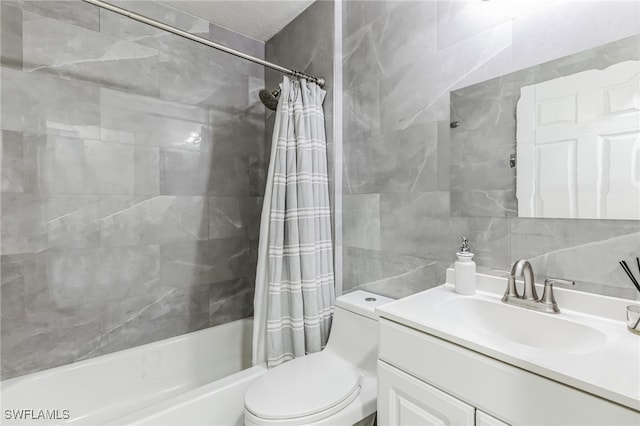 full bathroom featuring vanity, tasteful backsplash, shower / bathtub combination with curtain, tile walls, and toilet