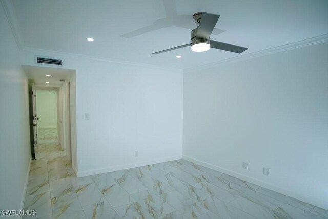 unfurnished room with ceiling fan and crown molding