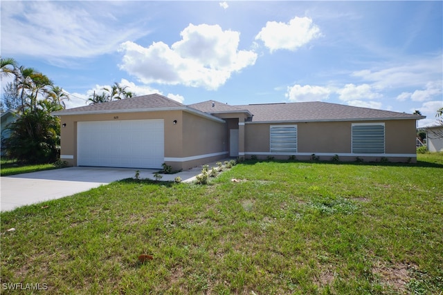 ranch-style home with a garage and a front yard