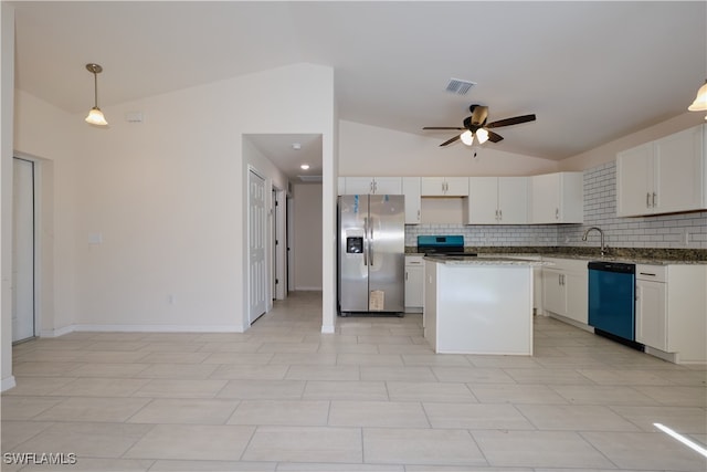 kitchen featuring dishwashing machine, a center island, stainless steel fridge, pendant lighting, and vaulted ceiling