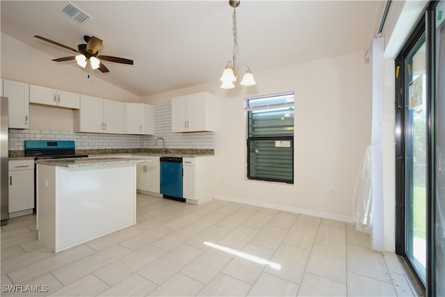 kitchen with dishwasher, a kitchen island, vaulted ceiling, and white cabinets