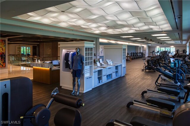 workout area featuring dark hardwood / wood-style flooring