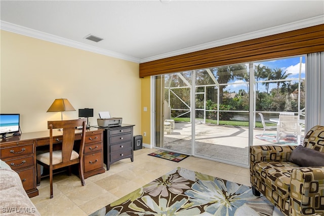 office space featuring visible vents, crown molding, and baseboards