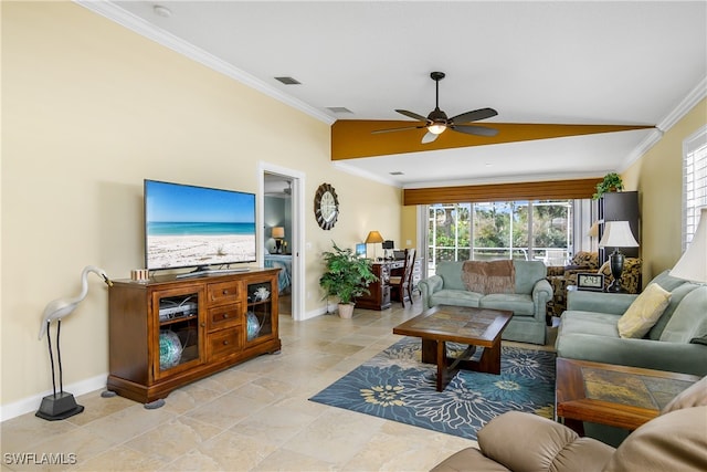 living room with baseboards, visible vents, and crown molding