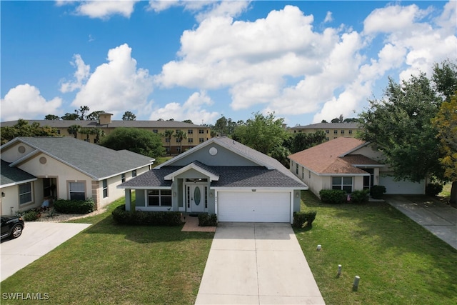 ranch-style home featuring a garage and a front lawn