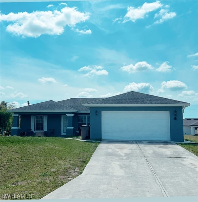 ranch-style home with a front lawn and a garage