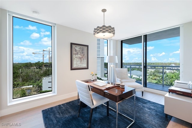 home office featuring floor to ceiling windows and dark hardwood / wood-style flooring