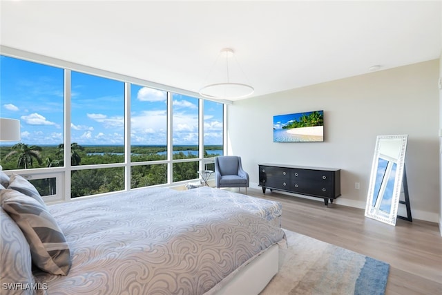 bedroom with expansive windows and wood-type flooring