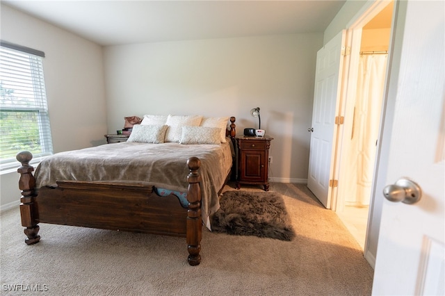 bedroom with light colored carpet