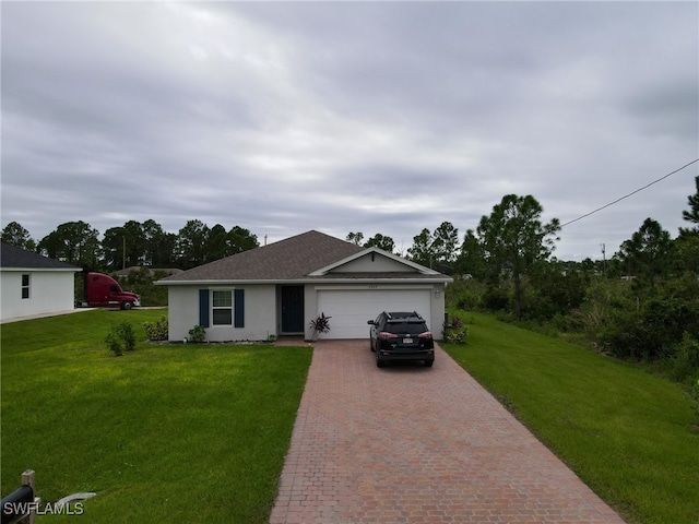 ranch-style home with a garage and a front yard