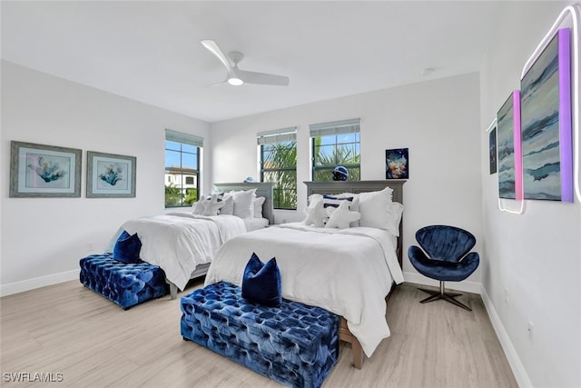 bedroom featuring ceiling fan and light wood-type flooring