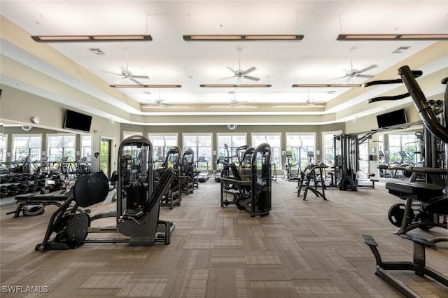 exercise room with ceiling fan and a towering ceiling