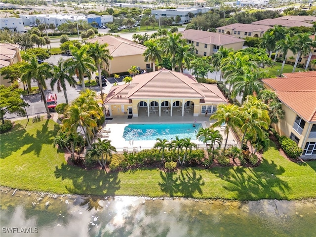 drone / aerial view featuring a water view