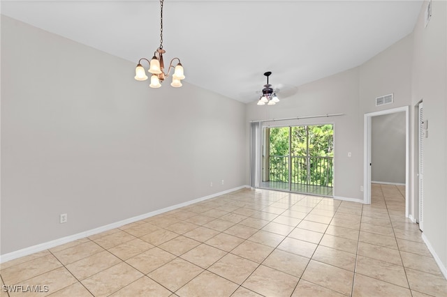 unfurnished room with ceiling fan with notable chandelier, light tile patterned floors, and high vaulted ceiling