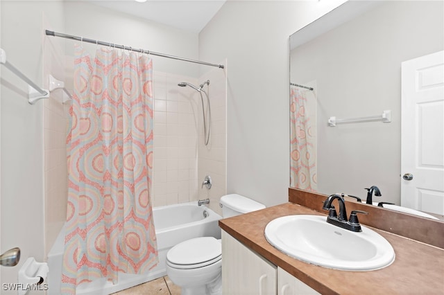 full bathroom featuring vanity, tile patterned flooring, toilet, and shower / tub combo with curtain