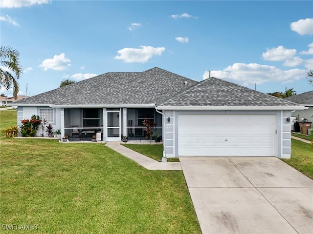 ranch-style home with driveway, roof with shingles, an attached garage, a sunroom, and a front lawn