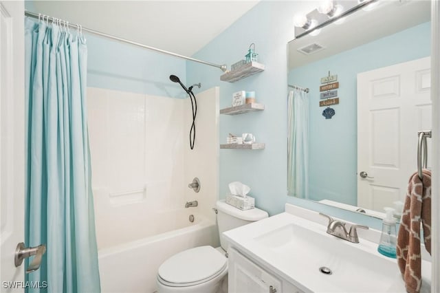 bathroom featuring vanity, toilet, shower / bathtub combination with curtain, and visible vents