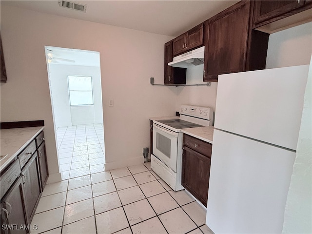 kitchen with ceiling fan, white appliances, dark brown cabinetry, and light tile patterned flooring