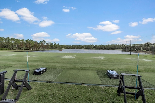 view of property's community featuring a lawn and a water view