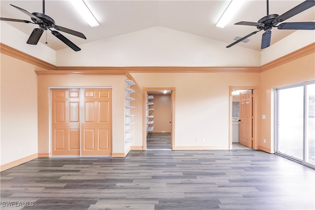 interior space with hardwood / wood-style floors, high vaulted ceiling, and ceiling fan