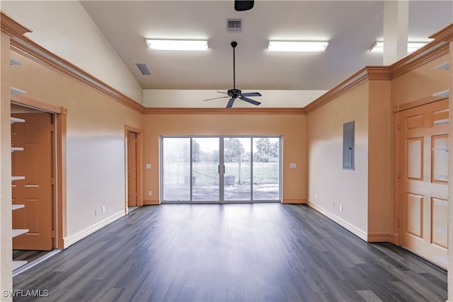 unfurnished room featuring lofted ceiling, electric panel, ceiling fan, and dark hardwood / wood-style floors