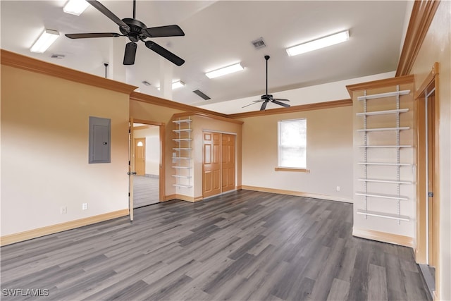 unfurnished living room featuring dark hardwood / wood-style flooring, electric panel, ceiling fan, and lofted ceiling