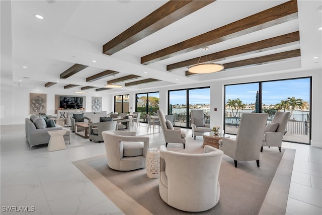 living room with beamed ceiling