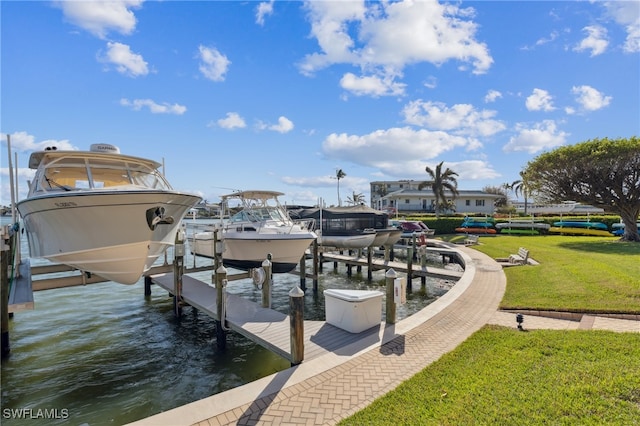 dock area with a lawn and a water view