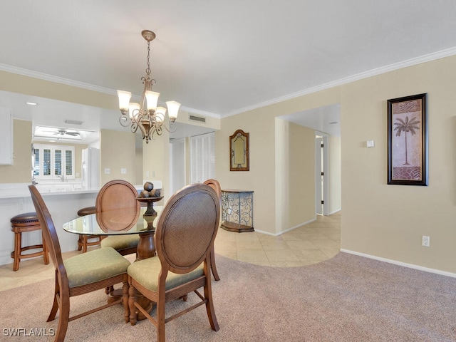 5260 S Landings Dr Unit 805, Fort Myers, FL 33919 - dining area featuring crown molding, baseboards, a chandelier, light carpet, and light tile patterned flooring