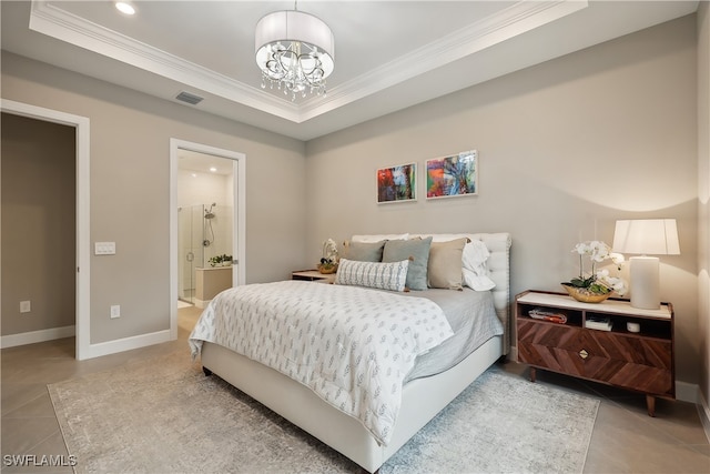 bedroom with a chandelier, ensuite bathroom, a raised ceiling, ornamental molding, and light tile patterned floors