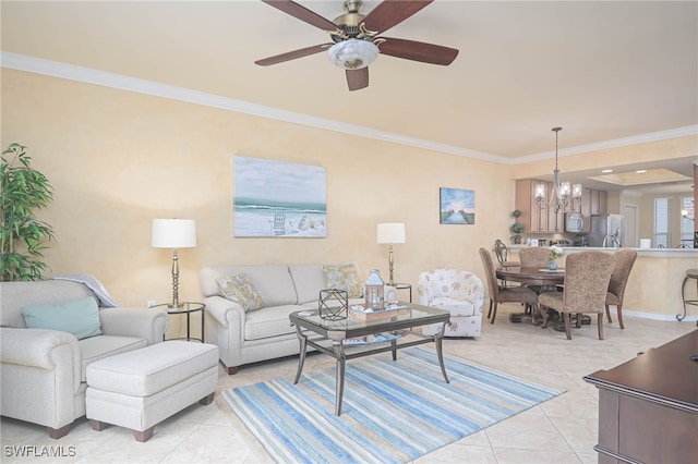 10296 Heritage Bay Blvd Unit 3111, Naples, FL 34120 - living room featuring light tile patterned floors, ornamental molding, and ceiling fan with notable chandelier