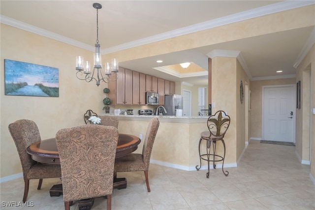 dining area featuring crown molding, an inviting chandelier, and light tile patterned floors