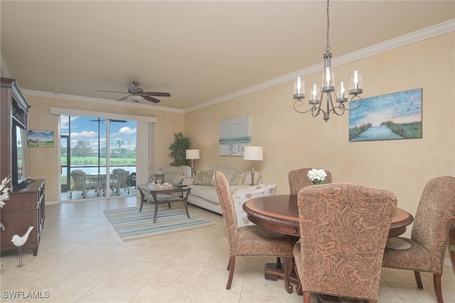 10296 Heritage Bay Blvd Unit 3111, Naples, FL 34120 - dining room featuring light tile patterned floors, ornamental molding, and ceiling fan with notable chandelier