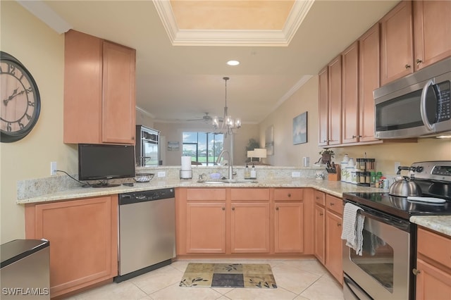 kitchen featuring light tile patterned floors, appliances with stainless steel finishes, crown molding, and sink